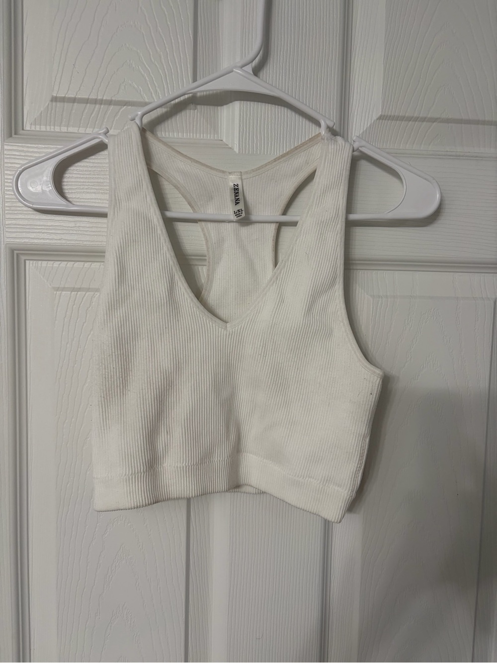Zenana Outfitters White Ribbed V-Neck Racerback Crop Tank